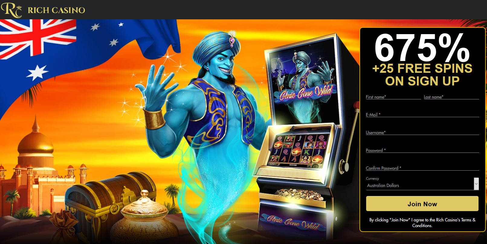 Rich Casino
                                - 675% + 60 free spins. Game: 3 Genies